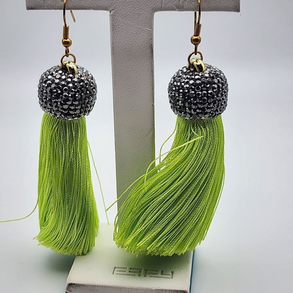 NWOT Molly Phillips Jacqueline Bright Green Tassel & Rhinestone Earrings